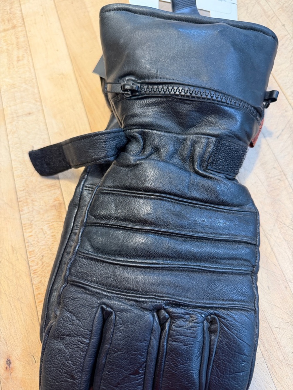 Black Leather Gauntlet Motorcycle Glove with Zip Pocket and Rain Covers - Picture 5 of 6